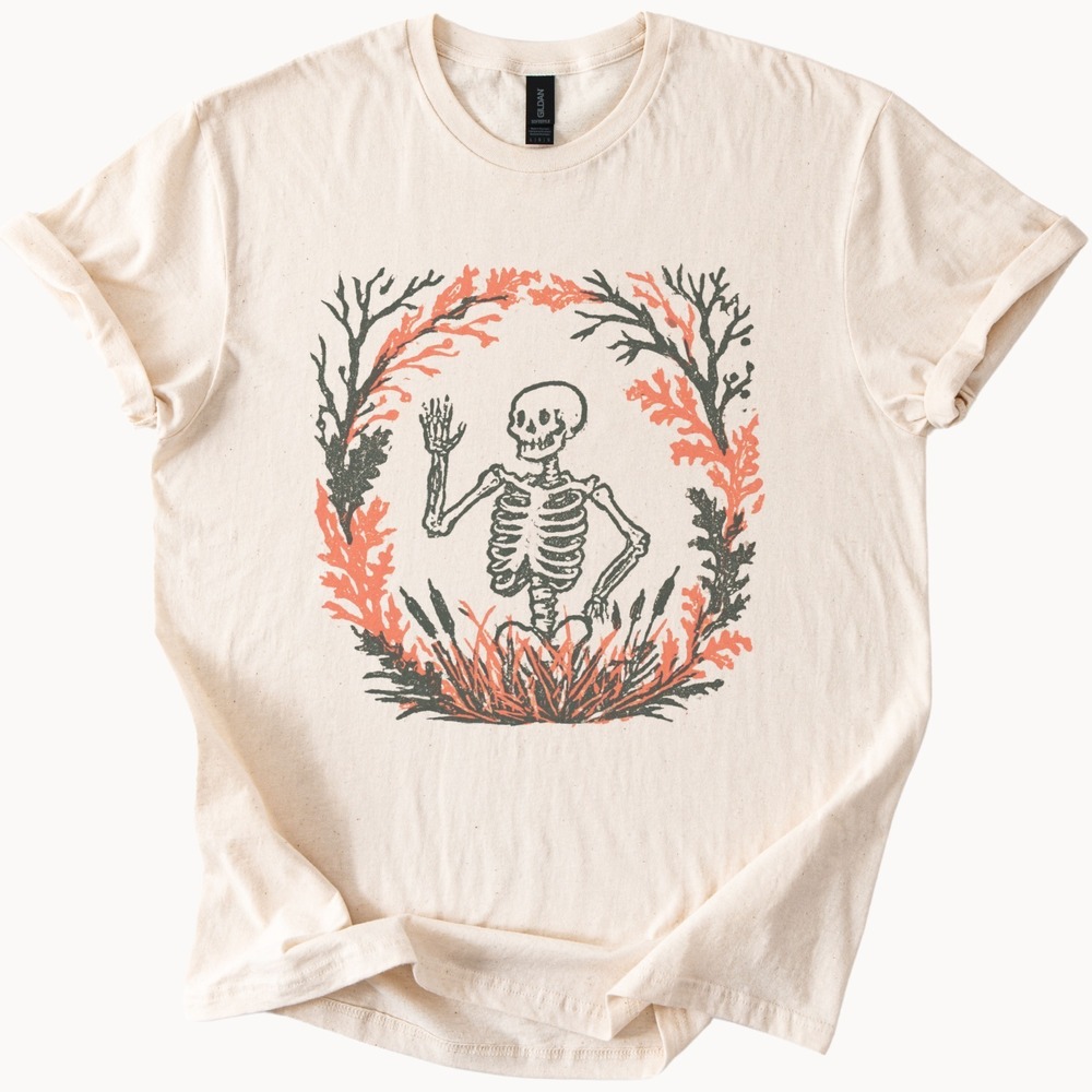 Waving Skeleton Linocut Style Graphic Tee - Picture 3 of 5